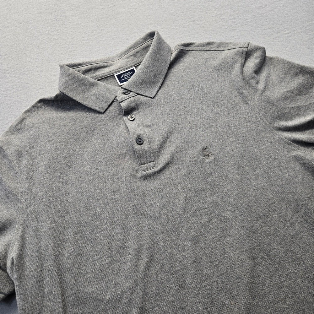 Charles Tyrwhitt Mens Polo Shirt Gray Short Sleeve Button Neck Large Chest Logo